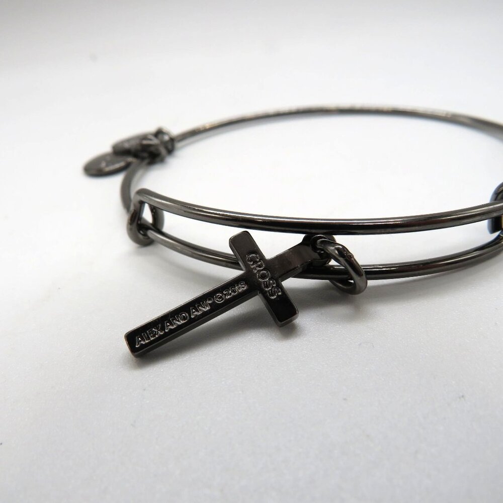 Alex Ani Cross Charm Bangle Bracelet Gun Metal Gray Tone Adjustable